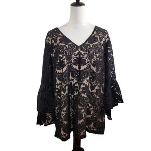 Roz & Ali Black Floral Lace Bell Sleeve V Neck Blouse Top Womens 3X Whimsigoth‎